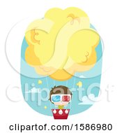 Clipart Of A Brunette White Boy Wearing 3D Glasses And Riding A Big Popcorn Hot Air Balloon Royalty Free Vector Illustration