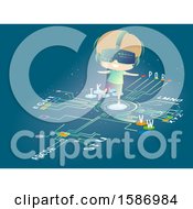 Poster, Art Print Of Blond White Boy Wearing Virtual Reality Goggles Walking On The Alphabet