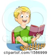 Poster, Art Print Of Blond White Boy Reading A Book And Practicing Chess Moves