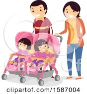 Parents Walking With Their Twin Girls In Strollers