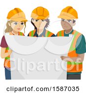 Clipart Of A Group Of Engineer Teens Holding A Blueprint Royalty Free Vector Illustration