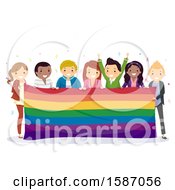 Poster, Art Print Of Group Of Teens Celebrating Pride With A Giant Rainbow Flag Banner