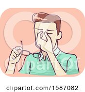 Clipart Of A Man Massaging The Bridge Of His Nose And Holding Eyeglasses Due To Eye Strain Royalty Free Vector Illustration