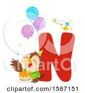 Clipart Of A Birthday Animal Alphabet Letter N With A Nightingale Royalty Free Vector Illustration