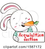 Poster, Art Print Of White Rabbit Eating A Carrot Over An Aquisition Section Sign