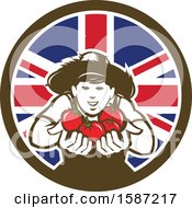 Clipart Of A Retro Happy Tomato Farmer Holding Tomatoes In A Union Jack Flag Circle Royalty Free Vector Illustration