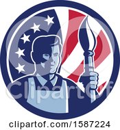 Poster, Art Print Of Retro Male Artist With A Paintbrush In An American Flag Circle