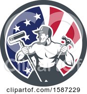 Clipart Of A Retro Strong Male Painter Or Handy Man In An American Flag Circle Royalty Free Vector Illustration