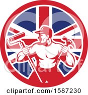Clipart Of A Retro Strong Male Painter Or Handy Man In A Union Jack Flag Circle Royalty Free Vector Illustration