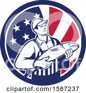 Clipart Of A Retro Fishmonger In An American Flag Circle Royalty Free Vector Illustration by patrimonio