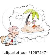 Poster, Art Print Of Cartoon White Business Man Daydreaming Of A Vacation At His Desk