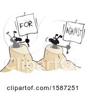 Clipart Of Black Ants Holding For And Against Signs From Their Hills Royalty Free Vector Illustration