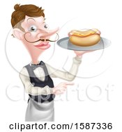 Poster, Art Print Of White Male Waiter Holding A Hot Dog On A Platter And Pointing