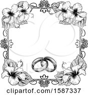 Clipart Of A Black And White Border Or Wedding Invitation With Rings And Hibiscus Flowers Royalty Free Vector Illustration by AtStockIllustration