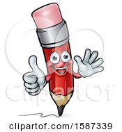 Poster, Art Print Of Red Pencil Mascot Giving A Thumb Up And Waving