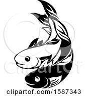 Clipart Of A Black And White Pair Of Fish Royalty Free Vector Illustration
