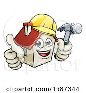 Poster, Art Print Of Cartoon Happy White Home Mascot Character Wearing A Hardhat Holding A Hammer And Giving A Thumb Up