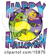 Green Fat Alien Licking His Lips With Text Reading Happy Halloween