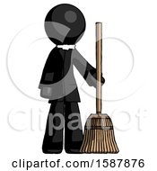 Black Clergy Man Standing With Broom Cleaning Services