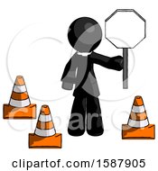 Black Clergy Man Holding Stop Sign By Traffic Cones Under Construction Concept