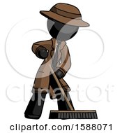 Poster, Art Print Of Black Detective Man Cleaning Services Janitor Sweeping Floor With Push Broom