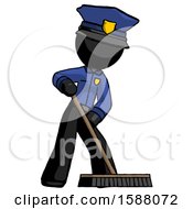 Black Police Man Cleaning Services Janitor Sweeping Floor With Push Broom