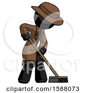 Black Detective Man Cleaning Services Janitor Sweeping Side View
