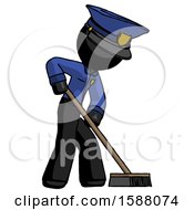 Black Police Man Cleaning Services Janitor Sweeping Side View
