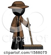 Black Detective Man Standing With Industrial Broom