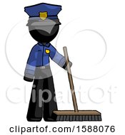 Black Police Man Standing With Industrial Broom