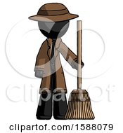 Black Detective Man Standing With Broom Cleaning Services