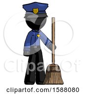 Black Police Man Standing With Broom Cleaning Services