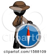 Black Detective Man Standing Beside Large Compass