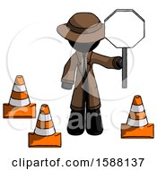 Poster, Art Print Of Black Detective Man Holding Stop Sign By Traffic Cones Under Construction Concept