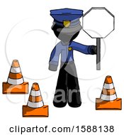 Poster, Art Print Of Black Police Man Holding Stop Sign By Traffic Cones Under Construction Concept