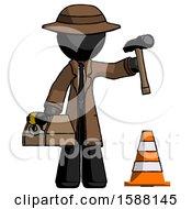 Poster, Art Print Of Black Detective Man Under Construction Concept Traffic Cone And Tools