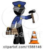 Poster, Art Print Of Black Police Man Under Construction Concept Traffic Cone And Tools