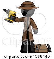Poster, Art Print Of Black Detective Man Holding Drill Ready To Work Toolchest And Tools To Right