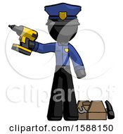 Poster, Art Print Of Black Police Man Holding Drill Ready To Work Toolchest And Tools To Right