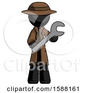 Black Detective Man Holding Large Wrench With Both Hands