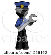 Black Police Man Holding Large Wrench With Both Hands