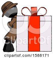 Poster, Art Print Of Black Detective Man Gift Concept - Leaning Against Large Present