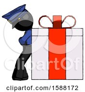 Poster, Art Print Of Black Police Man Gift Concept - Leaning Against Large Present