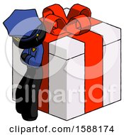Poster, Art Print Of Black Police Man Leaning On Gift With Red Bow Angle View