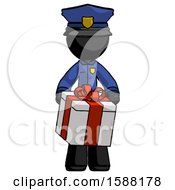Poster, Art Print Of Black Police Man Gifting Present With Large Bow Front View