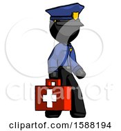 Black Police Man Walking With Medical Aid Briefcase To Right