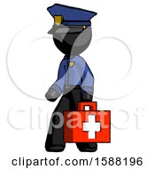Black Police Man Walking With Medical Aid Briefcase To Left
