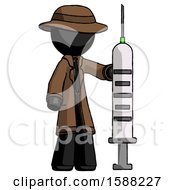 Black Detective Man Holding Large Syringe