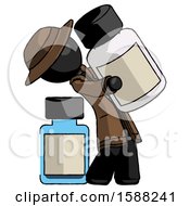 Black Detective Man Holding Large White Medicine Bottle With Bottle In Background