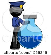 Black Police Man Standing Beside Large Round Flask Or Beaker